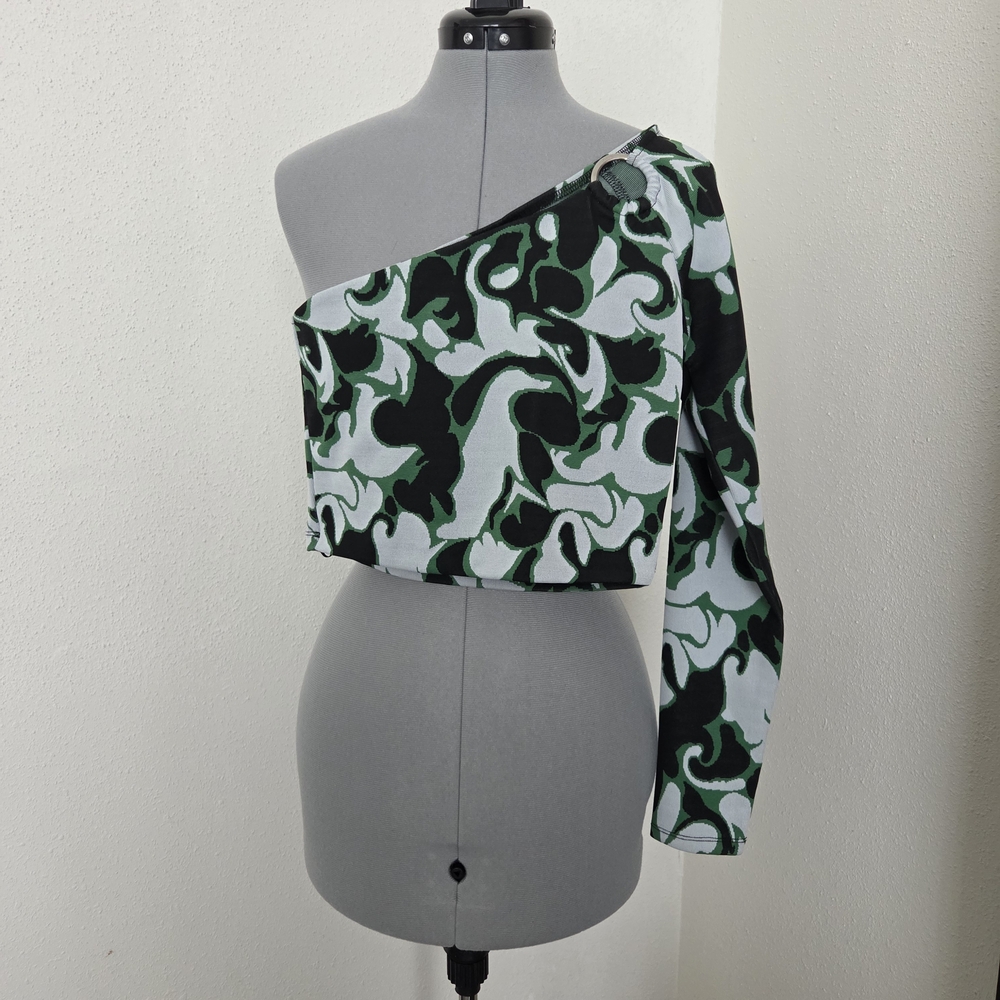 Zara One-Shoulder Black and Green Crop Top